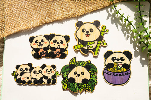 A charming set of five eco-friendly bamboo stickers featuring adorable pandas in various playful poses! Each sticker showcases soft colors and cute expressions, perfect for decorating water bottles, laptops, notebooks, and more. A must-have for panda lovers!