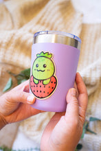 Load image into Gallery viewer, illustration of a turtle with a strawberry-patterned shell on an eco-friendly bamboo sticker.
