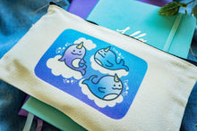 Load image into Gallery viewer, Belugabee Dreamy Narwhal Pencil Pouch: Whimsical design featuring three narwhals on clouds in shades of purple and blue. Elevate your organization with this enchanting 9x5-inch cotton canvas pouch. 🐳✨ #NarwhalPencilPouch #DreamyDesign #CuteStationery
