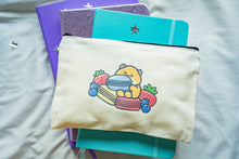 Load image into Gallery viewer, Hungry Hamster Pencil Pouch Alt Text: Adorable pencil pouch featuring a hungry hamster munching on a macaroon, surrounded by sweet treats like macaroons and berries, a whimsical and delightful design to brighten up your stationery collection. 🐹🍬✏️ #PencilPouch #CuteHamster #MacaroonDesign
