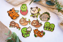 Load image into Gallery viewer, Nine bamboo Stickers of different animals, Tiger with fish, turtles, turtle with ice cream, sloth, hanging sloth, sleepy sloth, elephant, elephant family
