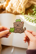 Load image into Gallery viewer, Belugabee Bamboo Sticker: Playful Scene with Black Cat and Two Adorable Green Frogs - Eco-Friendly Nature-inspired Design
