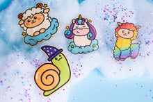 Load image into Gallery viewer,  Unicorn, rainbow alpaca, wizard snail, and dreamy sheep depicted in a charming composition of fantasy and wonder. 🌈🦄🐌🐑 #MagicalStickers #BambooArt #FantasyMagic
