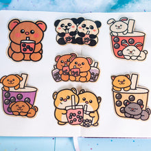 Load image into Gallery viewer, Belugabee Bamboo Stickers Set: Whimsical animal collection including bear, dog, cat, panda, and hamster with delightful boba designs. Express your love for both nature and boba with these eco-friendly 3x3-inch stickers! 🐻🐶🐱🐼🐹🍵 #BambooStickers #AnimalArt #BobaLove

