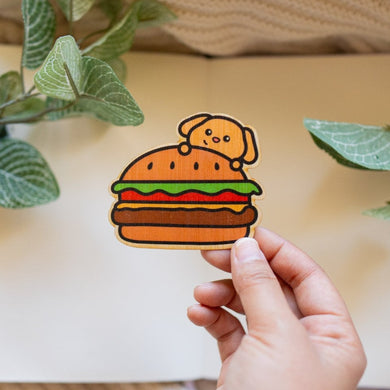 Belugabee Bamboo Sticker: Whimsical Burger Puppy design in brown, green, and red. Elevate your style with this eco-friendly 3x3-inch sticker. 🍔🐶 #BambooSticker #BurgerPuppy #WhimsicalDesign