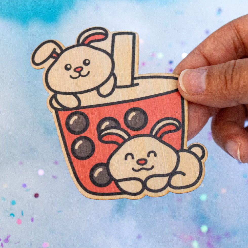 Belugabee Bamboo Sticker: Charming white bunnies sipping boba. Elevate your style with this eco-friendly 3x3-inch sticker. 🐇🍵 #BambooSticker #WhiteBunniesAndBoba