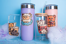 Load image into Gallery viewer, Belugabee Bamboo Stickers: Decorating a phone case, two Stanley cups (purple and pink), and a glass cup with a glass straw. Elevate your style with these eco-friendly 3x3-inch stickers. 🌿📱☕ #BambooStickers #EcoFriendlyDecor #PhoneCase #StanleyCup #GlassCup
