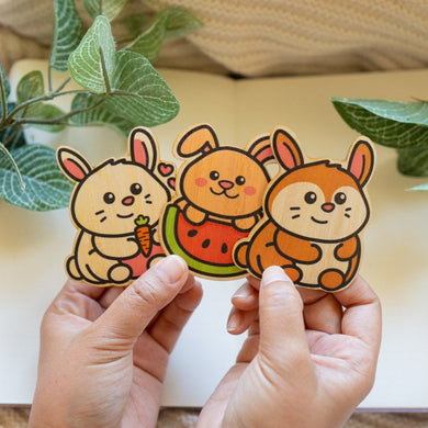 Belugabee Bamboo Stickers: Three bunny variations in brown, white, watermelon, and carrot designs. Elevate your style with this eco-friendly set of 3x3-inch stickers. 🐰🥕🍉 #BambooStickers #BunnyVariations