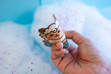 Load image into Gallery viewer, Belugabee Dreamy Sheep Bamboo Sticker: Demonstrating flexibility as the sticker featuring a dreamy sheep on clouds with two stars is gently bent. Elevate your style with this charming and eco-friendly 3x3-inch bamboo sticker. 🐑✨ #BambooSticker #FlexibilityAndDurability #DreamySheep
