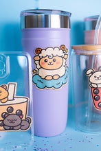 Load image into Gallery viewer, Belugabee Dreamy Sheep Bamboo Sticker: Charming design of a dreamy sheep on clouds with two stars, adorning a purple Stanley-style cup. Elevate your style with this eco-friendly 3x3-inch bamboo sticker. 🐑✨ #BambooSticker #DreamySheep #PurpleCupDecor

