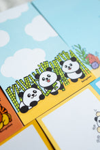 Load image into Gallery viewer, Close-up shot of the Panda Memo Pad from the Stationery Bundle, featuring an adorable panda playing with bamboo sticks against a blue and white backdrop with fluffy clouds. 🐼🎋 #PandaMemoPad #StationeryDesign
